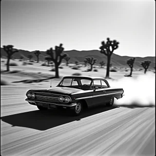 A black and white photograph of a desert scene in the mojave desert, American West, with a black tame impala retro car driving fast past joshua trees. The image has a high contrast between the light gray sand and the dark shadows, creating an intense atmosphere with a vintage film camera feel and a grainy texture. There is a text 'AstraVision' at the bottom right corner of the image.
