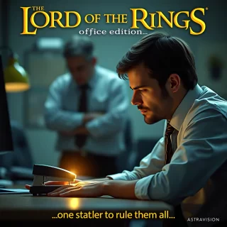 A bored office worker staring at a glowing stapler, with a coworker lurking in the background whispering, "My precious..."cinematic movie poster style, top text: "Lord of the Rings: Office Edition" bottom text "One stapler to rule them all". Small text "AstraVision" at bottom right corner.