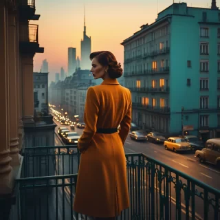 dark art deco,  German expressionism,  film noir, city skyline by night, golden orange, yellow sky with light shade of cyan and  light blue,  tall flats, shadows, street, traffic, signals seen through a extended balcony
