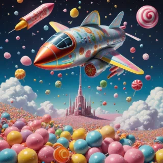 Pulp science fiction art, retro-futurism, and art deco, 1940s illustration, a science fiction painting of a rococo style rocket ship made of candy (lollipops, mints, toffees, lemon drops, gum), traveling through space with nebula made of cotton candy, painted like an opulent easter egg, cloisonné, dynamic and majestic environment, highly detailed, vibrant pastel colors, Tomokazu Matsuyama and Hikari Shimoda, dynamic movement, <lora:xl_more_art-full_v1:0.5>,  <lora:detailed_notrigger:1>