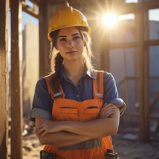 RAW photo, DSLR BREAK portrait of full body a cute woman as a construction worker, detailed, sunrays, sunlight, cinematic lighting, professional colorgraded
