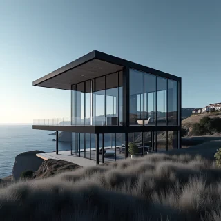 Create a stunning and vibrant cover page image, black and white, featuring a modern, high-tech business office in the picturesque setting of Portugal. The office building is sleek and futuristic, with glass facades reflecting the surrounding beauty of Portugal's landscape. Incorporate elements that symbolize cutting-edge technology and Artificial Intelligence, such as holographic interfaces, glowing digital lines, and advanced computing devices. The setting is a blend of the traditional charm of Portuguese architecture with ultra-modern design, set against a backdrop of a clear blue sky, lush greenery, and the iconic Portuguese coastline. The overall vibe should be one of innovation, sophistication, and the perfect synergy between technology and the natural beauty of Portugal. make it black and white or grayscale color