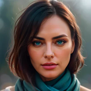 Close-up of a young woman's face partially obscured by a dark teal scarf, highlighting her striking blue eyes, long eyelashes, and well-defined eyebrows. The focus is sharp on her eyes with a soft bokeh background that creates a shallow depth of field. Her brunette hair frames her face, and the image has a cool color tone with a natural light setting. The composition is centered, creating an intimate and engaging portrait with a sense of mystery.