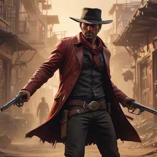 Intricate dynamic action shot of cowboy in a shootout, cinematic Steve Henderson Fabian Perez Henry Asencio Jeremy Mann Marc Simonetti Fantasy, red dead redemption 2 atmosphere, cinematic,