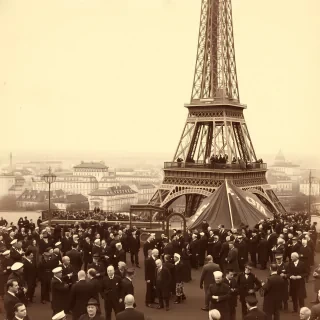 A photograph from [the opening of the Eiffel Tower in Paris in 1889] captures the monumental occasion with a grand, historic ambiance. The image shows [the towering iron structure, still under construction, against a backdrop of a bustling Parisian skyline]. Crowds of people, dressed in late 19th-century attire, are gathered around, marveling at the iconic new landmark. The photograph exudes a sense of excitement and wonder as [Parisians celebrate the unveiling of this groundbreaking architectural feat].
