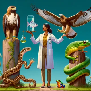A group of five animals: a human, a fish, an eagle, a snake, and a frog, standing together to represent vertebrates.