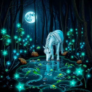 A mystical forest with bioluminescent plants glowing in shades of blue and green. In the center, a unicorn with a shimmering silver mane drinks from a clear, sparkling pond. The scene is illuminated by the soft, ethereal light of a full moon, creating an enchanting, magical atmosphere