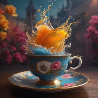 "Storm in a tea cup, Hyperrealistic, splash art, concept art, mid shot, intricately detailed, color depth, dramatic, 2/3 face angle, side light, colourful background"