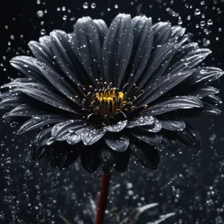Black art nano splash evaporating flower particle implosion drop and micro splash on black damp background infinity