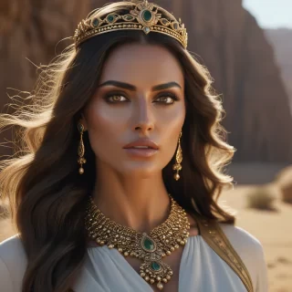 Queen of arabia, utter beauty, perfect features, long hair, hazel eyes, detailed, 4k,, Cinematic