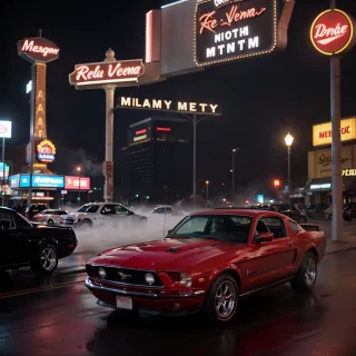 Photo of a classic red mustang car parked in las vegas strip at night