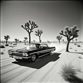 A black and white photograph of a desert scene in the mojave desert, American West, with a black tame impala retro car driving fast past joshua trees. The image has a high contrast between the light gray sand and the dark shadows, creating an intense atmosphere with a vintage film camera feel and a grainy texture