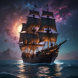 (Illuminated Pirate ship sailing on a sea with a galaxy in the sky), epic, 4k, ultra,