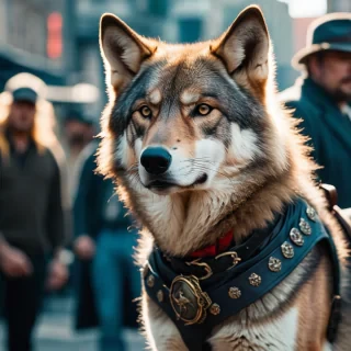 A cunning and street-smart wolf, skilled in the art of thievery and adventure, leading a misfit group of animal outlaws on a quest for redemption and treasure, real photography fujifilm superia, full HD, taken on a Canon EOS R5 F1.2 ISO100 35MM, Hollywood's glamour style, the color palette is muted and subdued
