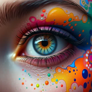 A vibrant and colorful artistic representation of an eye. The eye is the central focus, with its iris exhibiting a spectrum of colors ranging from reds to blues. Surrounding the eye are abstract patterns and shapes in a myriad of colors, including oranges, yellows, greens, and blues. Some of these patterns resemble fluid or paint splatters, while others have a more structured, almost psychedelic appearance. The eye's eyelashes are prominently depicted, and they seem to be made of thick, black strands. The overall feel of the image is dynamic, energetic, and evocative of intense emotion or creativity