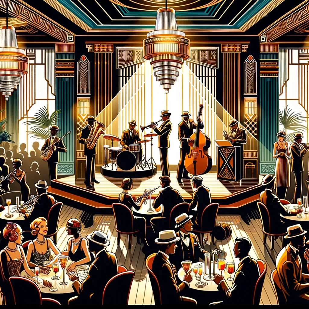 A stylish Art Deco jazz club with musicians on stage, guests in old-fashioned clothes, and fancy decorations