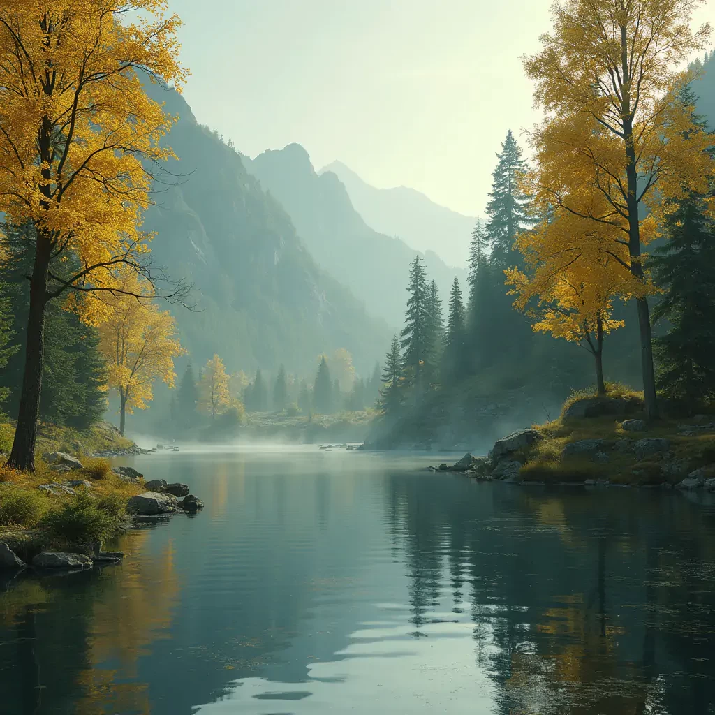 green and yellow trees rustic landscape, near a lake, in ice age, 8k --ar 2:3 --v 5 --s 750