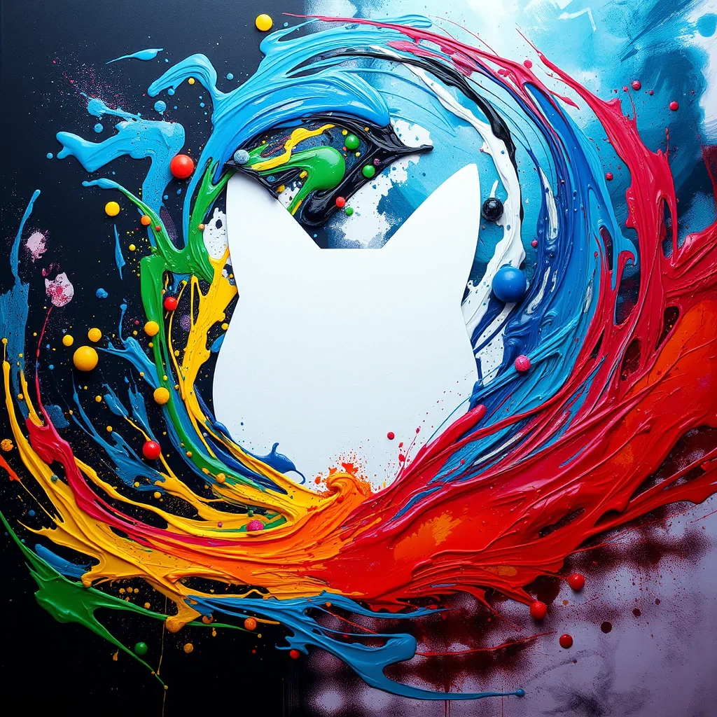 a swirl of colorful paints, abstract art dark background, dynamic angle, bright colors, paint drips, canvas in the middle, with abstract paint splashes and smudges. negative space themed, the center is a perfectly empty clean white canvas shaped like a cat hyperrealistic, full body, detailed clothing, highly detailed, cinematic lighting, stunningly beautiful, intricate, sharp focus, f/1. 8, 85mm, (centered image composition), (professionally color graded), ((bright soft diffused light)), volumetric fog, trending on instagram, trending on tumblr, HDR 4K, 8K