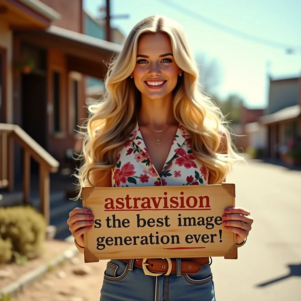 A stunning 30-year-old woman with long, flowing blonde hair, styled in soft waves typical of the 1970s, standing confidently in the heart of Texas. She wears a classic 1970s outfit, a vintage floral blouse paired with high-waisted bell-bottom jeans. Her radiant smile exudes charm and grace as she holds a sign that reads, 'AstraVision is the Best Image Generation Ever!' The scene captures the warm, nostalgic atmosphere of the 1970s, with vibrant colors and a slight sun-kissed glow. The background hints at a small Texas town, with rustic buildings and a clear blue sky