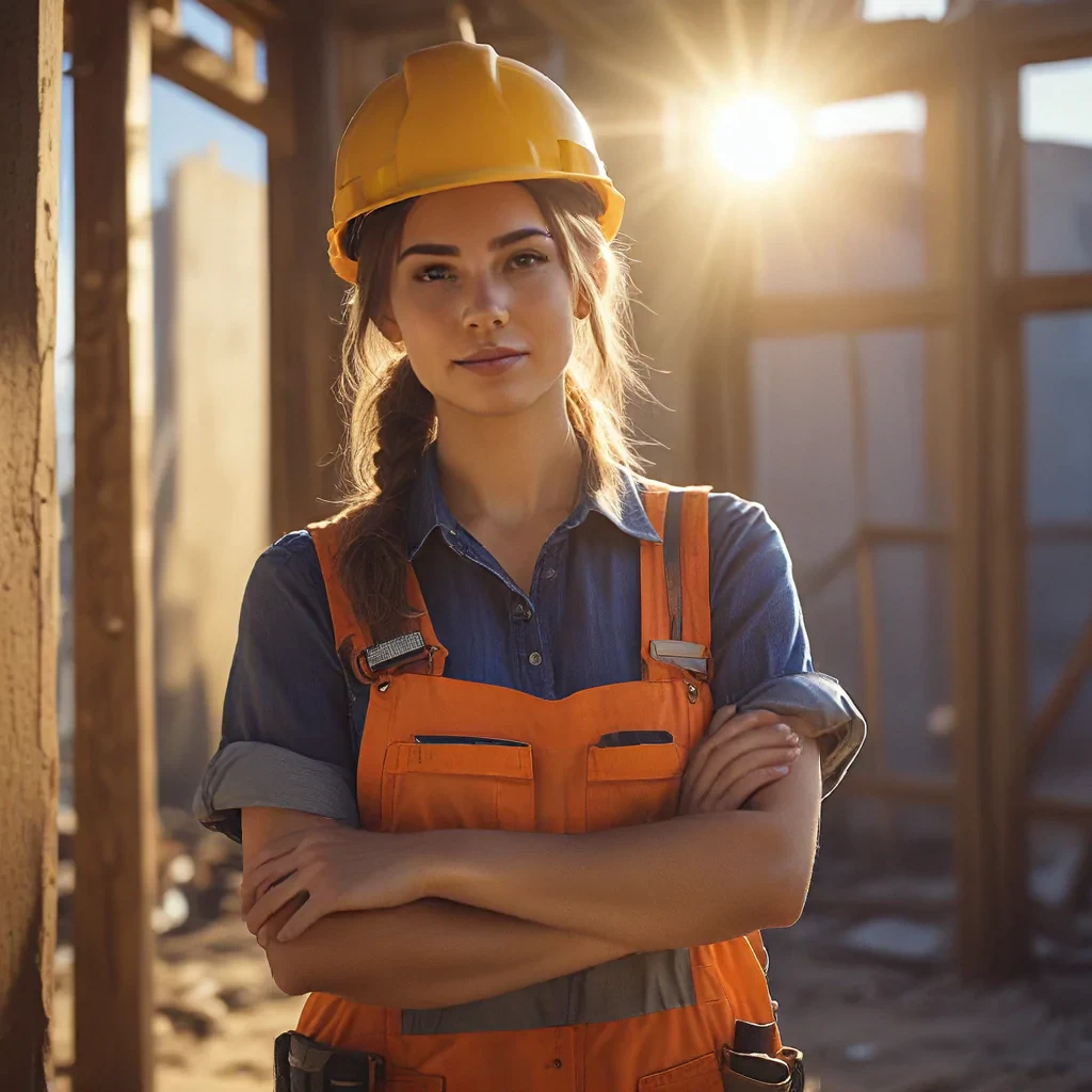RAW photo, DSLR BREAK portrait of full body a cute woman as a construction worker, detailed, sunrays, sunlight, cinematic lighting, professional colorgraded