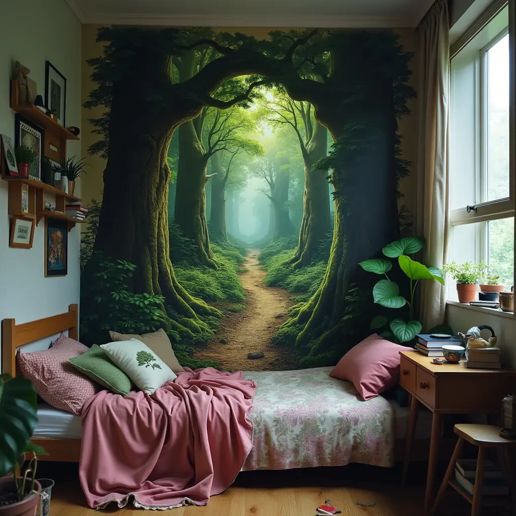 a portal into a mythical forest on the wall of my small messy bedroom