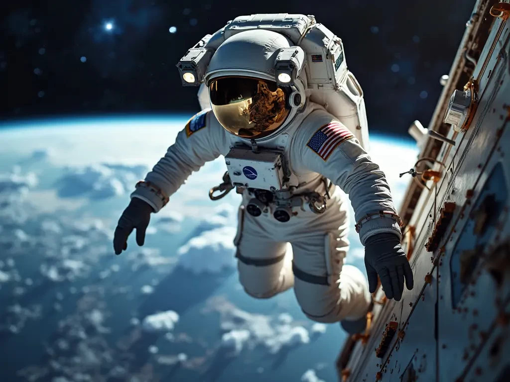 Astronaut, she is blond, beautiful, floating to fix the international space station, the beautiful earth  appear in the background. Stunning image of space and stars behind