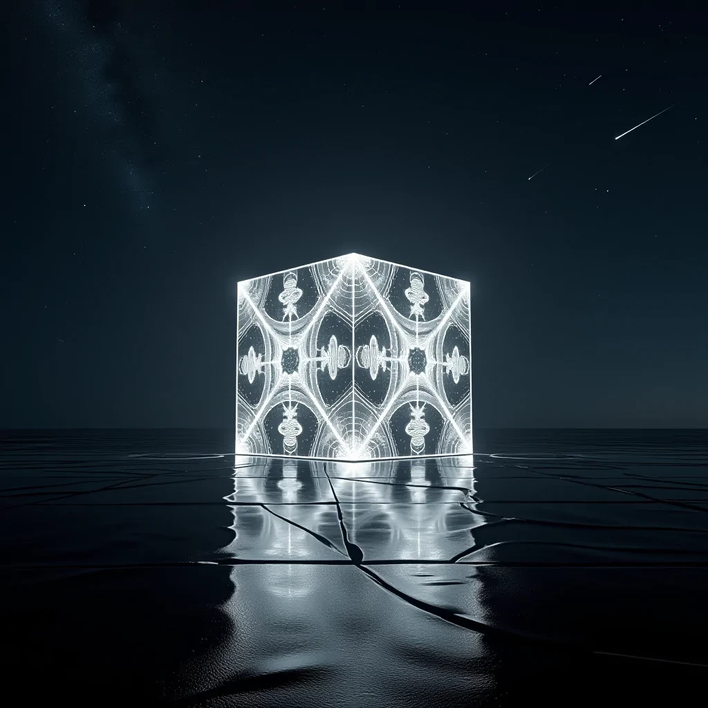 A glowing cube floats serenely in the middle of a vast black reflective surface, its fractal designs pulsating in hypnotic patterns. Stars stretch infinitely across the night sky, some falling in brilliant streaks of light. Surrounding the cube, faint reflections of cosmic objects—a distant planet, a shimmering nebula—mirror perfectly on the ground, creating an illusion of endless space. Tiny drones buzz around the cube, analyzing its structure, their lights blinking rhythmically. Meteors streak across the sky in the distance, casting brief flashes of light. The surface beneath the cube ripples slightly, as if reacting to its presence. Shot in ultra-realistic detail with a Fujifilm GFX 100S using long exposure, every pulse of light, star, and ripple is captured with cosmic clarity. Inspired by Hiroshi Sugimoto’s precision and otherworldly compositions, the scene feels vast, mysterious, and teeming with subtle, galactic life