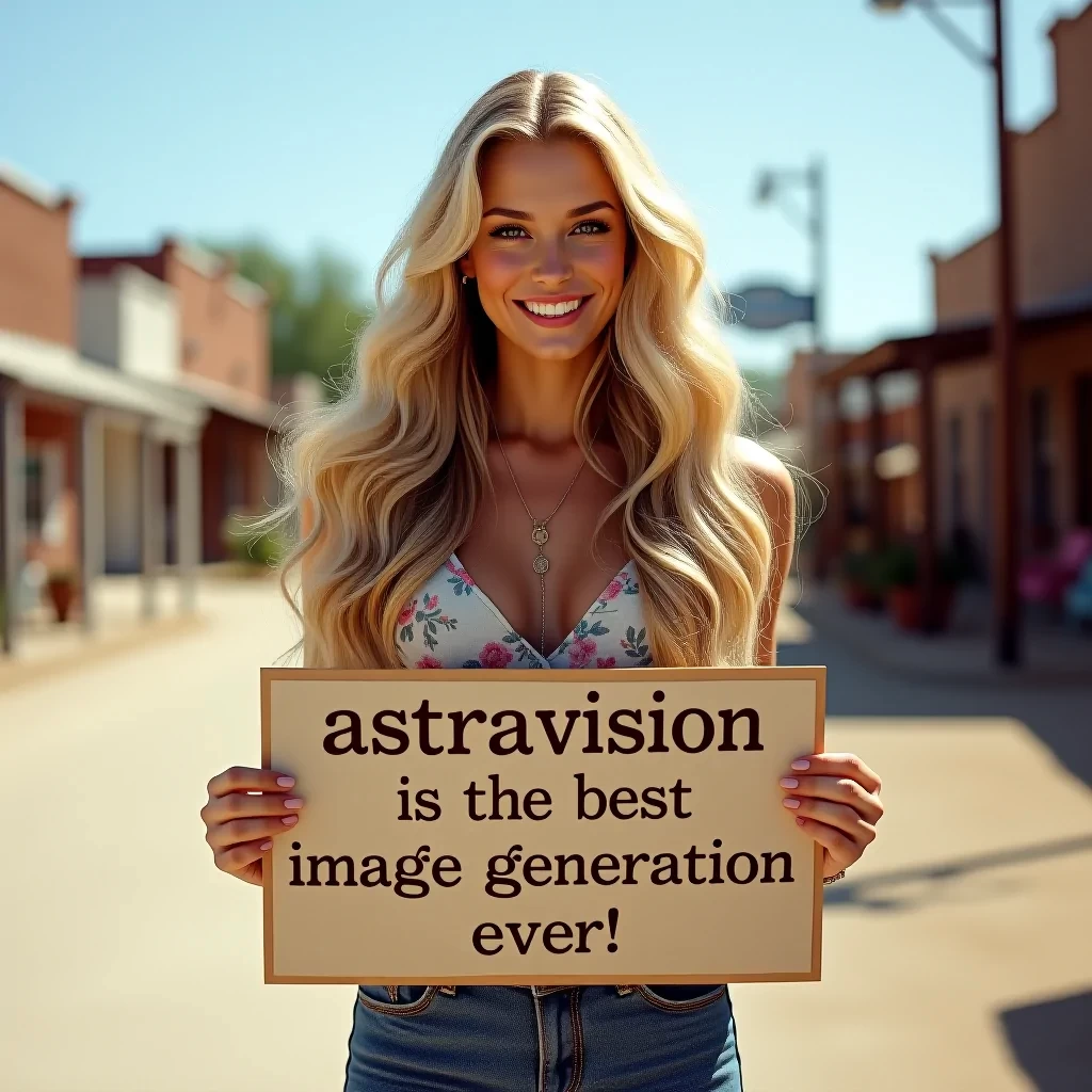 A stunning 30-year-old woman with long, flowing blonde hair, styled in soft waves typical of the 1970s, standing confidently in the heart of Texas. She wears a classic 1970s outfit, a vintage floral blouse paired with high-waisted bell-bottom jeans. Her radiant smile exudes charm and grace as she holds a sign that reads, 'AstraVision is the Best Image Generation Ever!' The scene captures the warm, nostalgic atmosphere of the 1970s, with vibrant colors and a slight sun-kissed glow. The background hints at a small Texas town, with rustic buildings and a clear blue sky