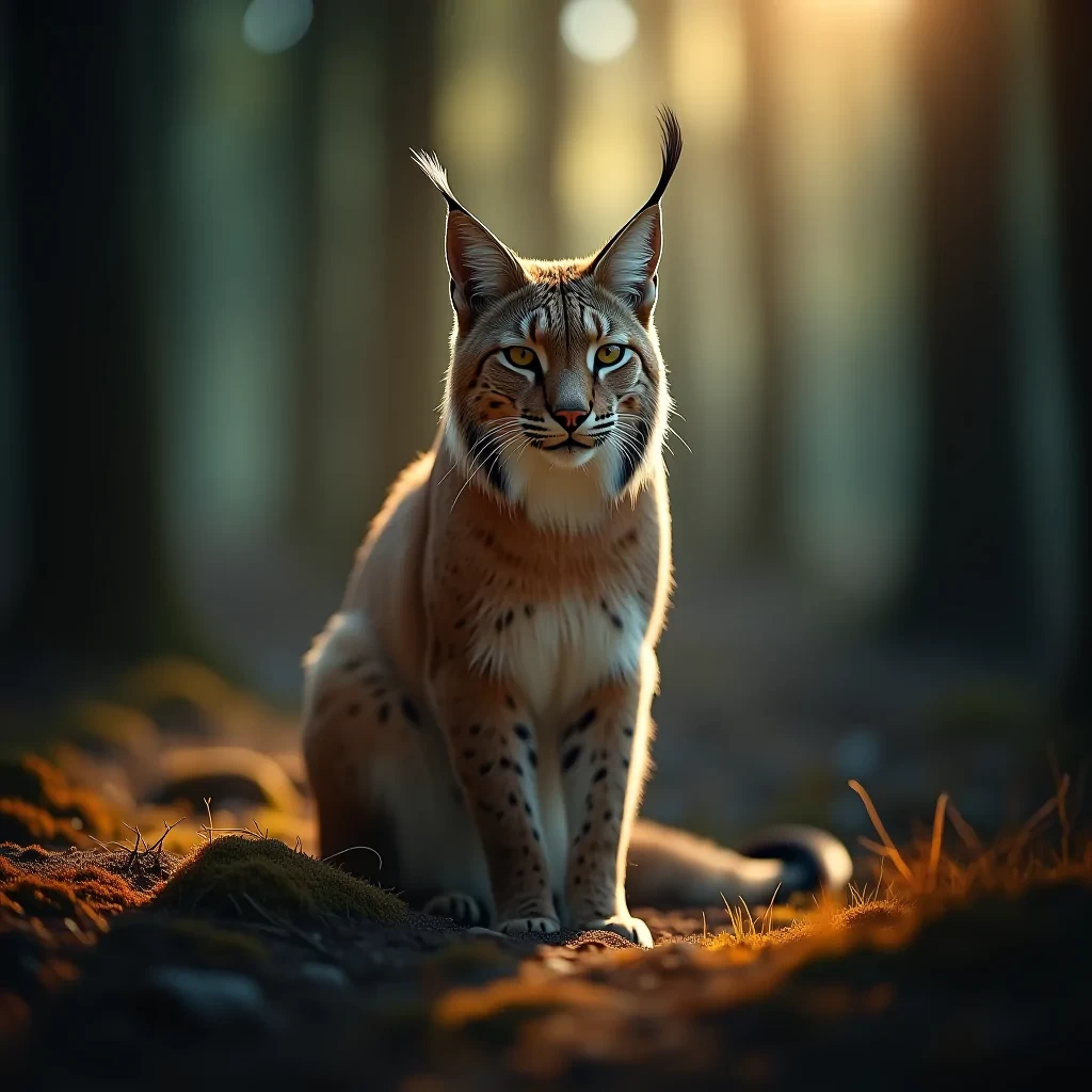 professional photograph of a lynx lit by moody harsh lighting in the middle of a forest