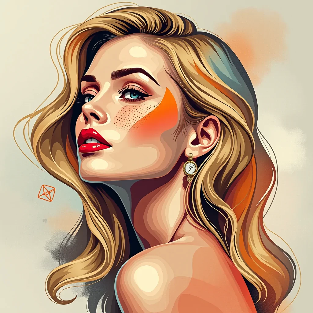 A stunning, modern art depiction of a blonde woman with soft, flowing hair, her beauty captured in abstract geometric shapes and bold, vibrant colors. Her features are delicately outlined with intricate patterns, blending realism with artistic expression. The background is a minimalist blend of soft pastels and textured brushstrokes, emphasizing her graceful silhouette and serene expression. The overall composition exudes elegance and sophistication, celebrating both her beauty and the creativity of modern art.