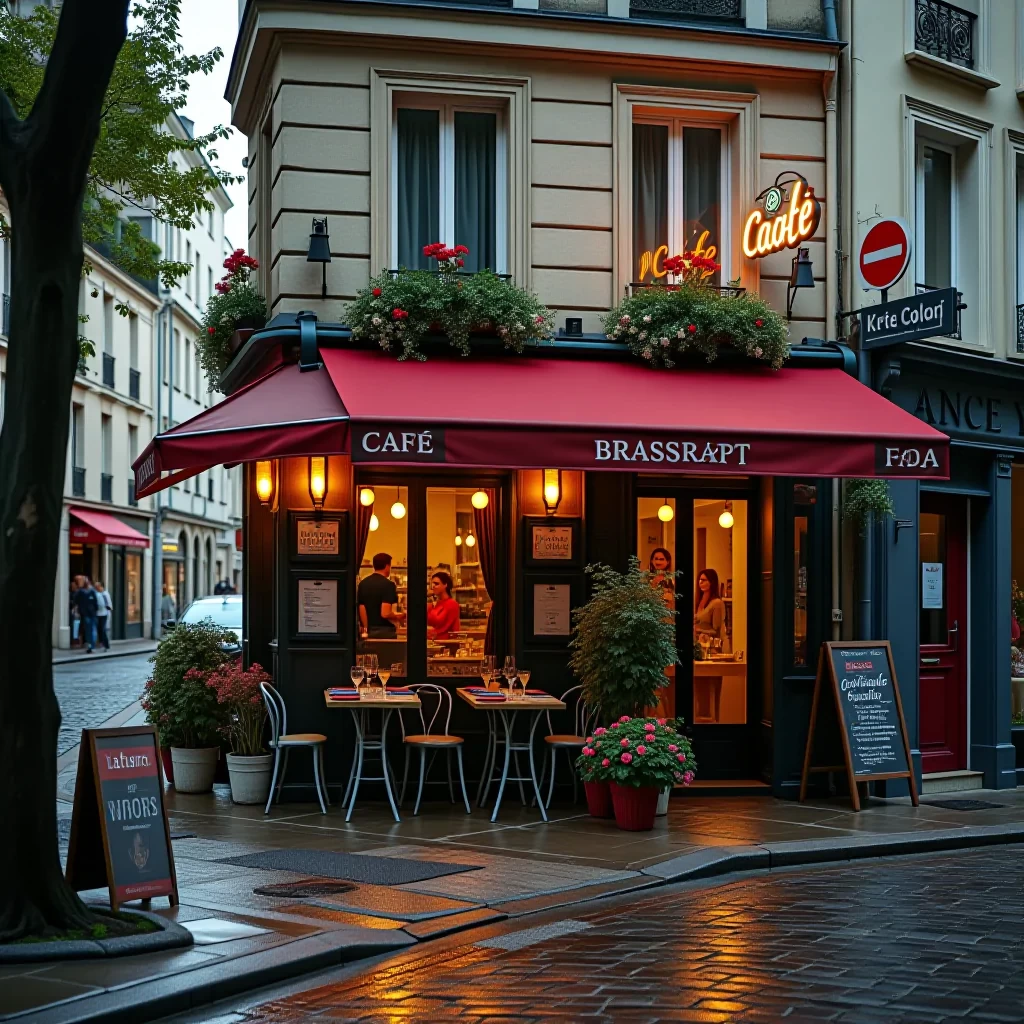A beautifully lit and composed professional photograph of a Parisian brasserie on a bustling street corner, the restaurant is an oasis from the busy street, tucked in and cozy off the street next to a flower shop, wet cobblestones, high resolution, early morning rain, weathered limestone and details, fine details of plants and trees, ultra realistic modern day scene, early morning sun, the words cafe and tabac are on the sign