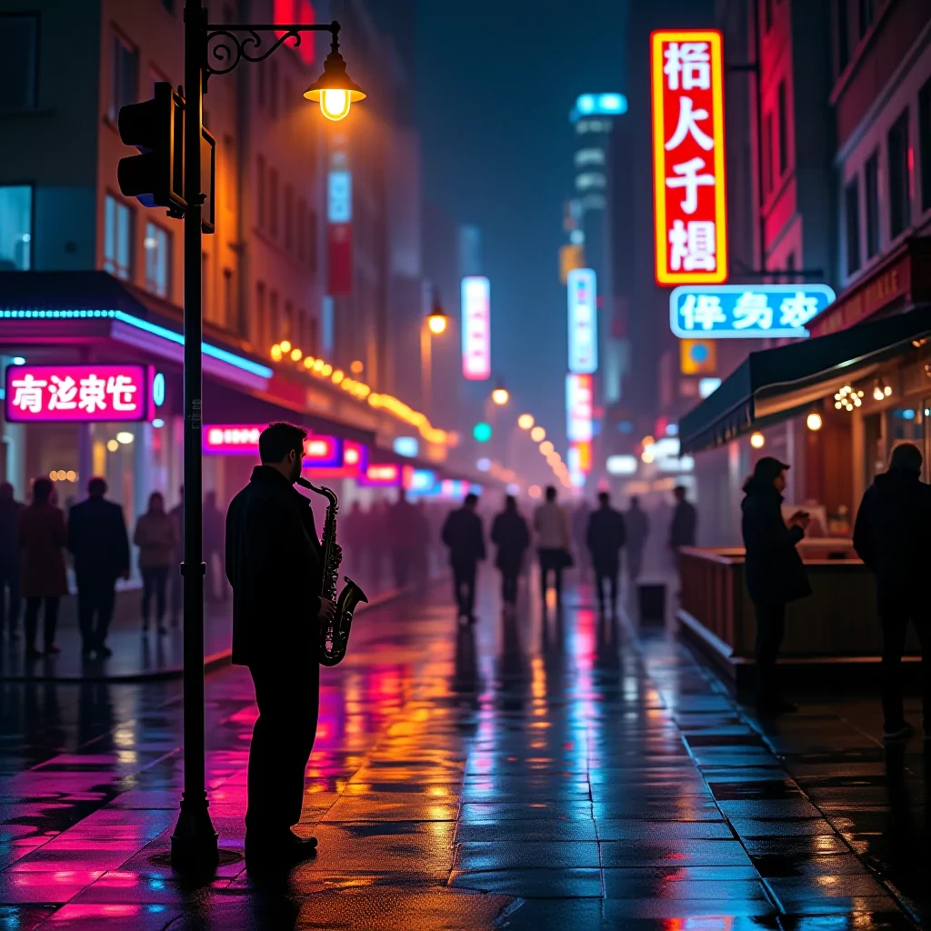 "A vibrant cinematic shot of a bustling urban nightlife scene. The streets are alive with activity as people crowd around bars and neon-lit cafes. The reflections of colorful neon signs ripple across the rain-slicked streets, creating a mesmerizing kaleidoscope of light. In the foreground, a musician plays a saxophone under a streetlamp, their silhouette framed against the glow. The background features towering buildings with illuminated windows, adding to the urban atmosphere. Hyperdetailed, intricately detailed, soft focus, HDR, 8k, cinestill 800, photography award-winner