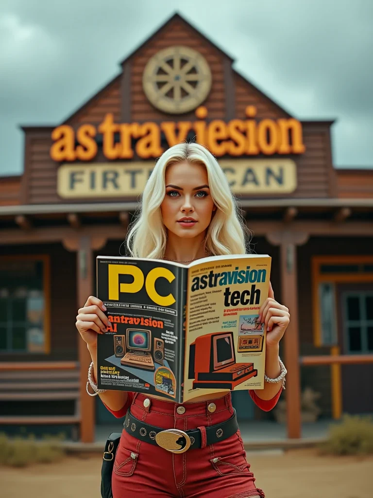 ultmcntry highest quality award-winning, professional photo of beautiful pale woman rancher with blonde long hair wearing cowgirl outfit, daisy dukes, athletic body. In her hands, she holds a vintage 1970s edition of PC Magazine with bold colorful text on the cover that reads "AstraVision AI". The magazine cover features retro computer graphics and futuristic AI-themed designs. She is outdoors standing in front of old western tavern named with text "High Tech". there are storm clouds in the sky above with natural lighting, photographed on a Nikon D6 , 50mm prime lens, F/2.6, with Kodak Gold 200 film, dynamic angle, full body