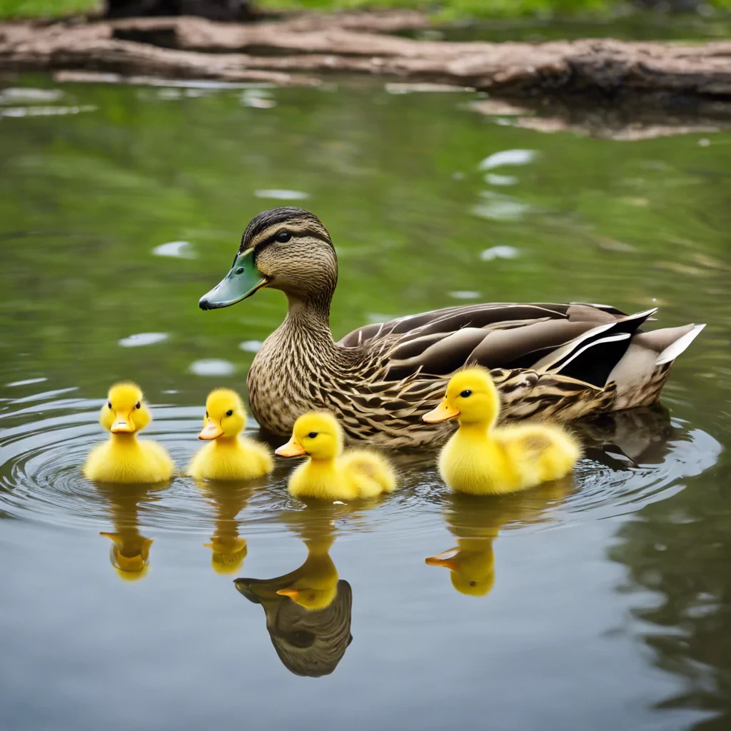 Duck with yellow ducklings in a pond